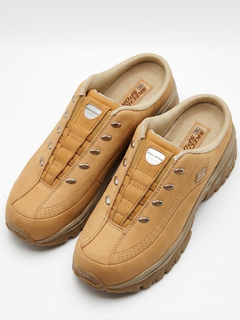 Vintage Y2K Skechers Premium Chunky Mule Sneaker Tan Wheat Leather Womens 8.5